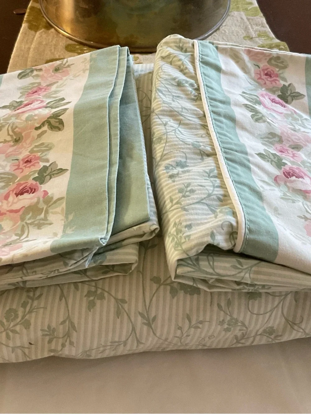 Laura Ashley Cottage Rose Floral W/Green Stripes Twin Sheet Set 3PCS-Vintage